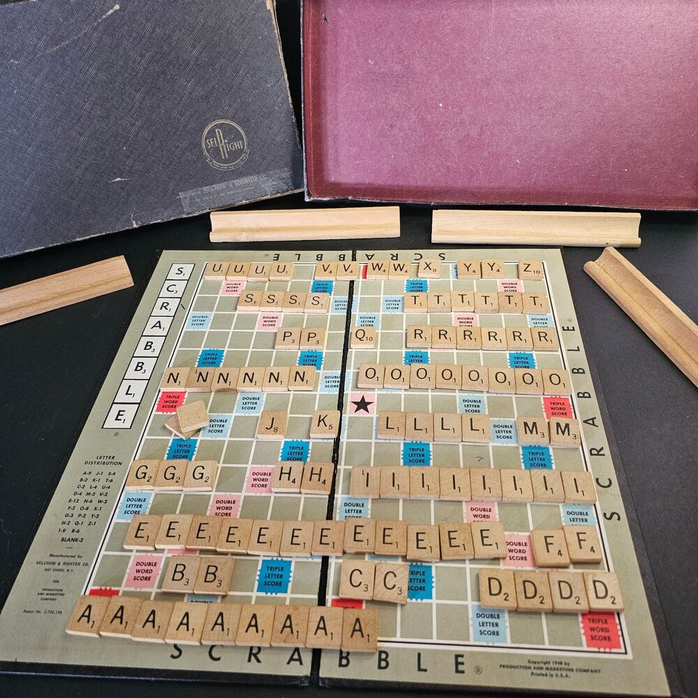 Vtg Selchow Right Scrabble Game, 1953 Original Box, Some Damage, Missing One L